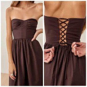 Reformation Buckley cafe brown strapless lace up back midi dress Size 6